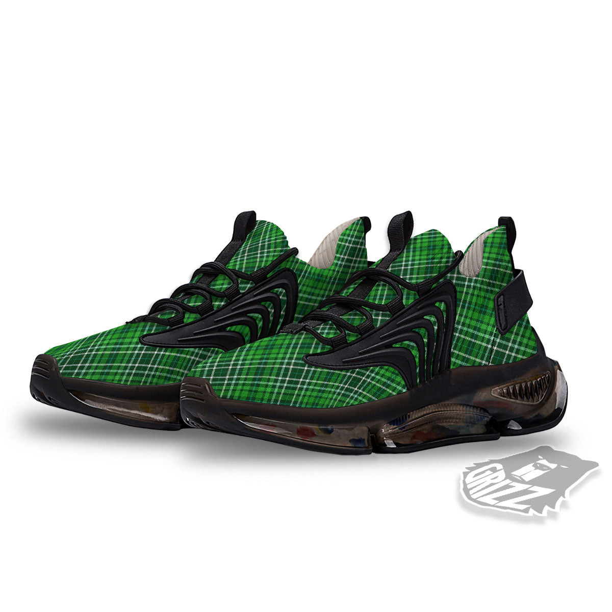 White And Green Plaid Print Pattern Black Gym Shoes-grizzshop