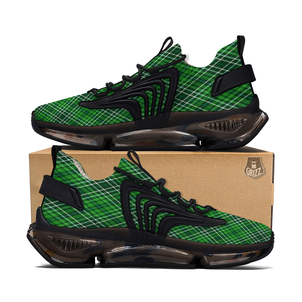 White And Green Plaid Print Pattern Black Gym Shoes-grizzshop
