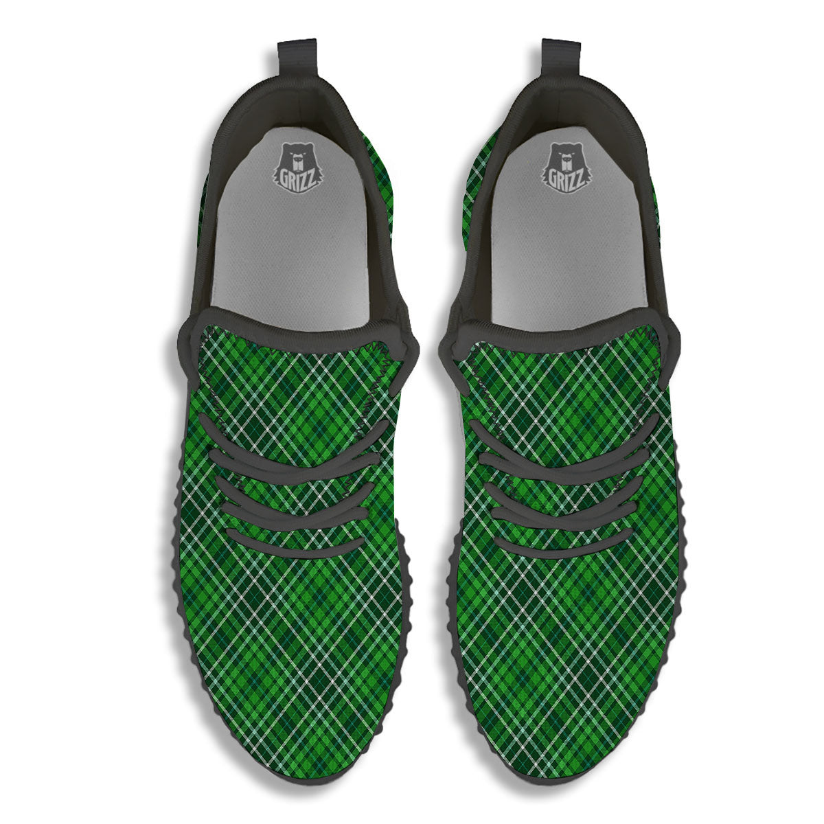 White And Green Plaid Print Pattern Black Walking Shoes-grizzshop
