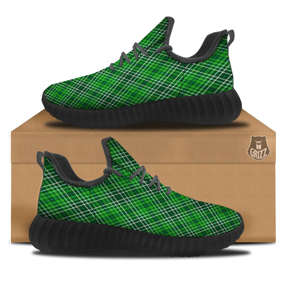 White And Green Plaid Print Pattern Black Walking Shoes-grizzshop