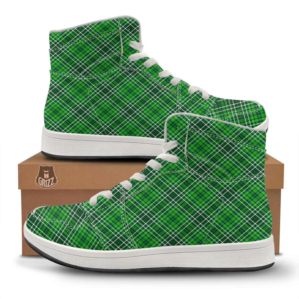 White And Green Plaid Print Pattern High Top Sneakers-grizzshop