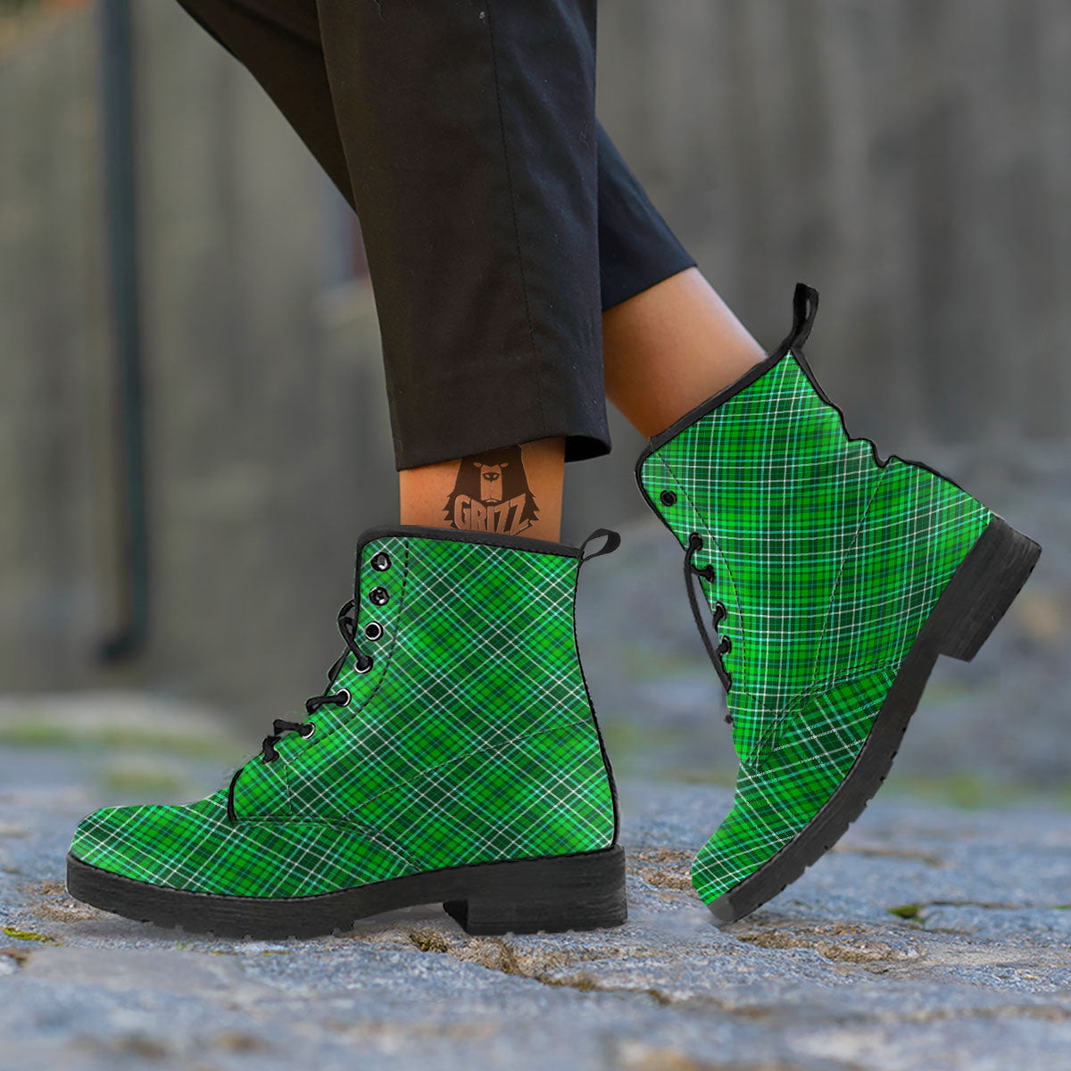 White And Green Plaid Print Pattern Leather Boots-grizzshop