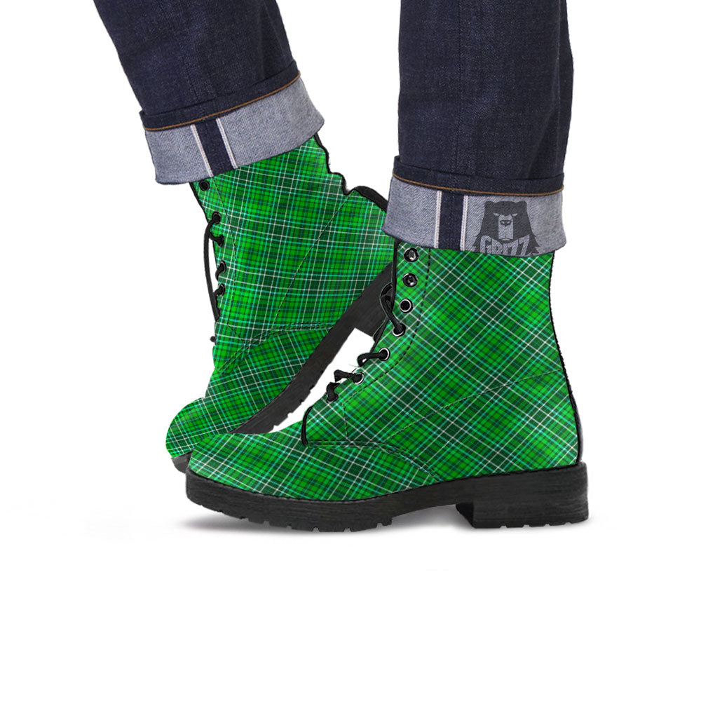 White And Green Plaid Print Pattern Leather Boots-grizzshop