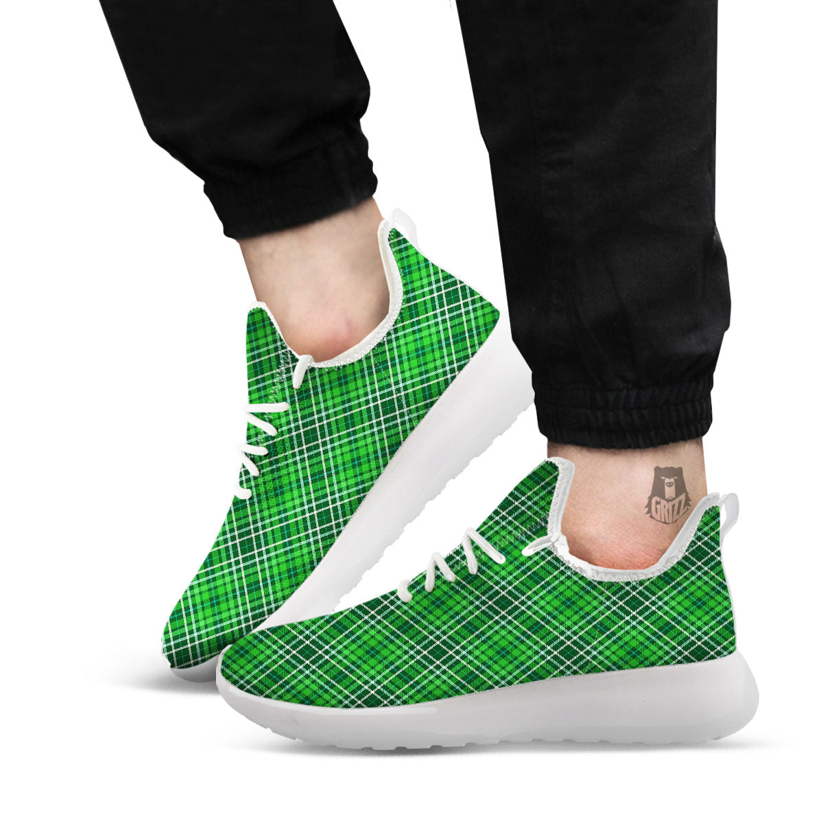 White And Green Plaid Print Pattern White Athletic Shoes-grizzshop