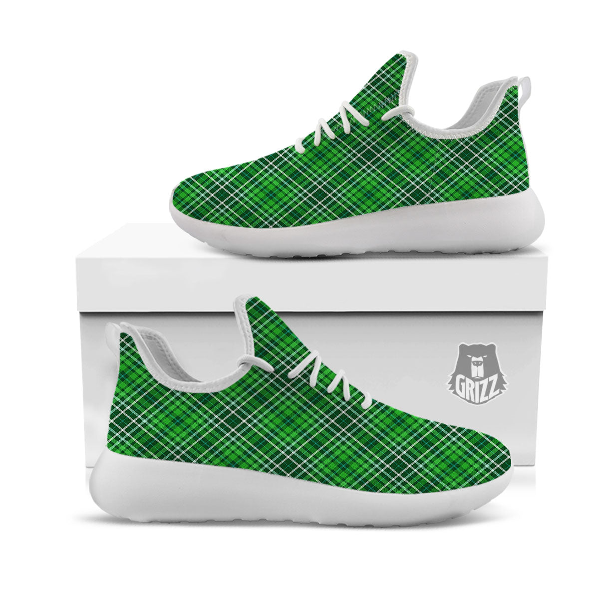 White And Green Plaid Print Pattern White Athletic Shoes-grizzshop