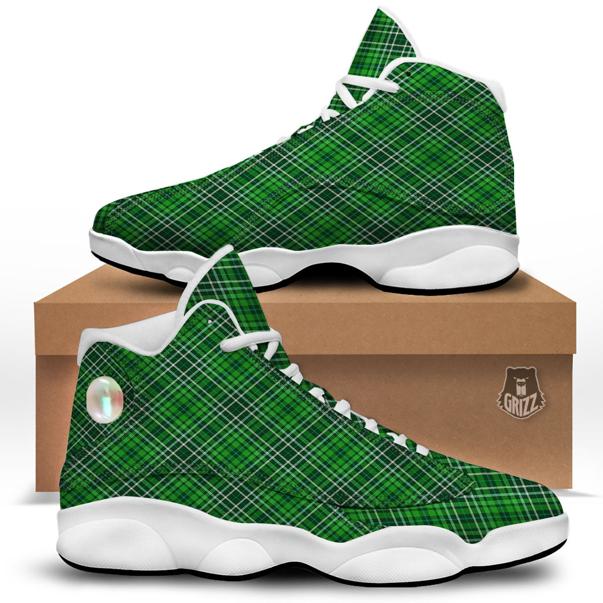 White And Green Plaid Print Pattern White Basketball Shoes-grizzshop