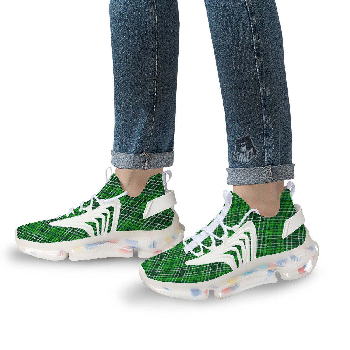 White And Green Plaid Print Pattern White Gym Shoes-grizzshop