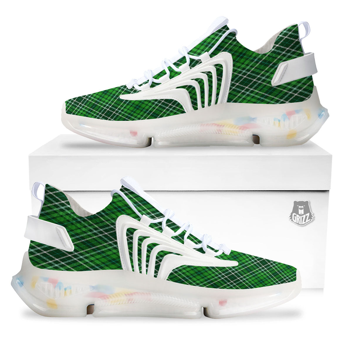 White And Green Plaid Print Pattern White Gym Shoes-grizzshop