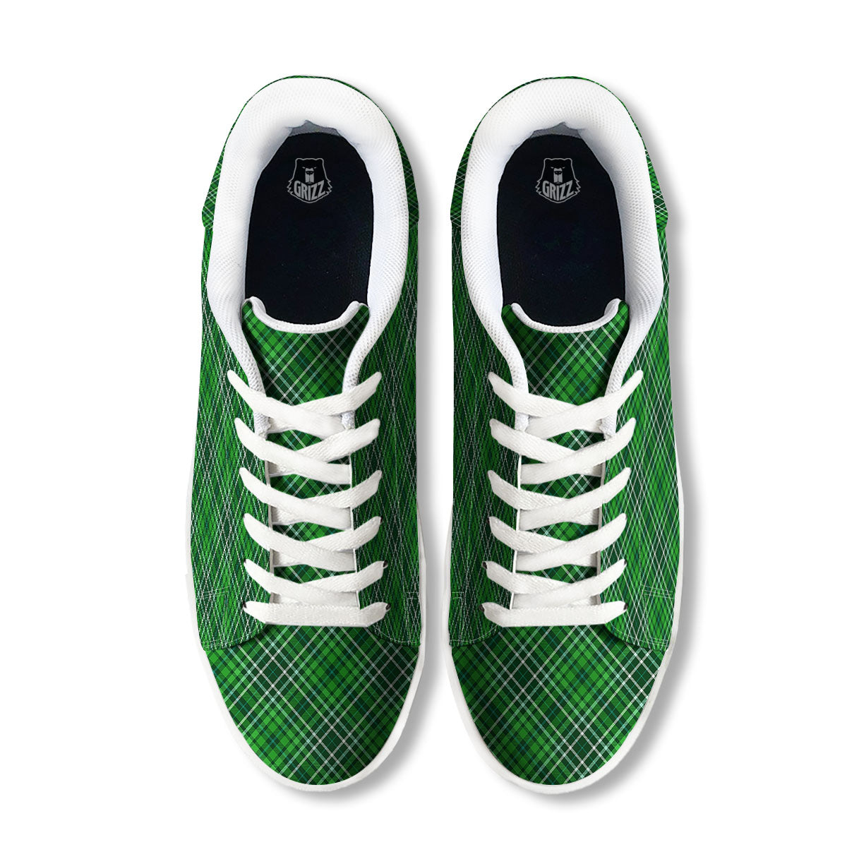 White And Green Plaid Print Pattern White Low Top Sneakers-grizzshop