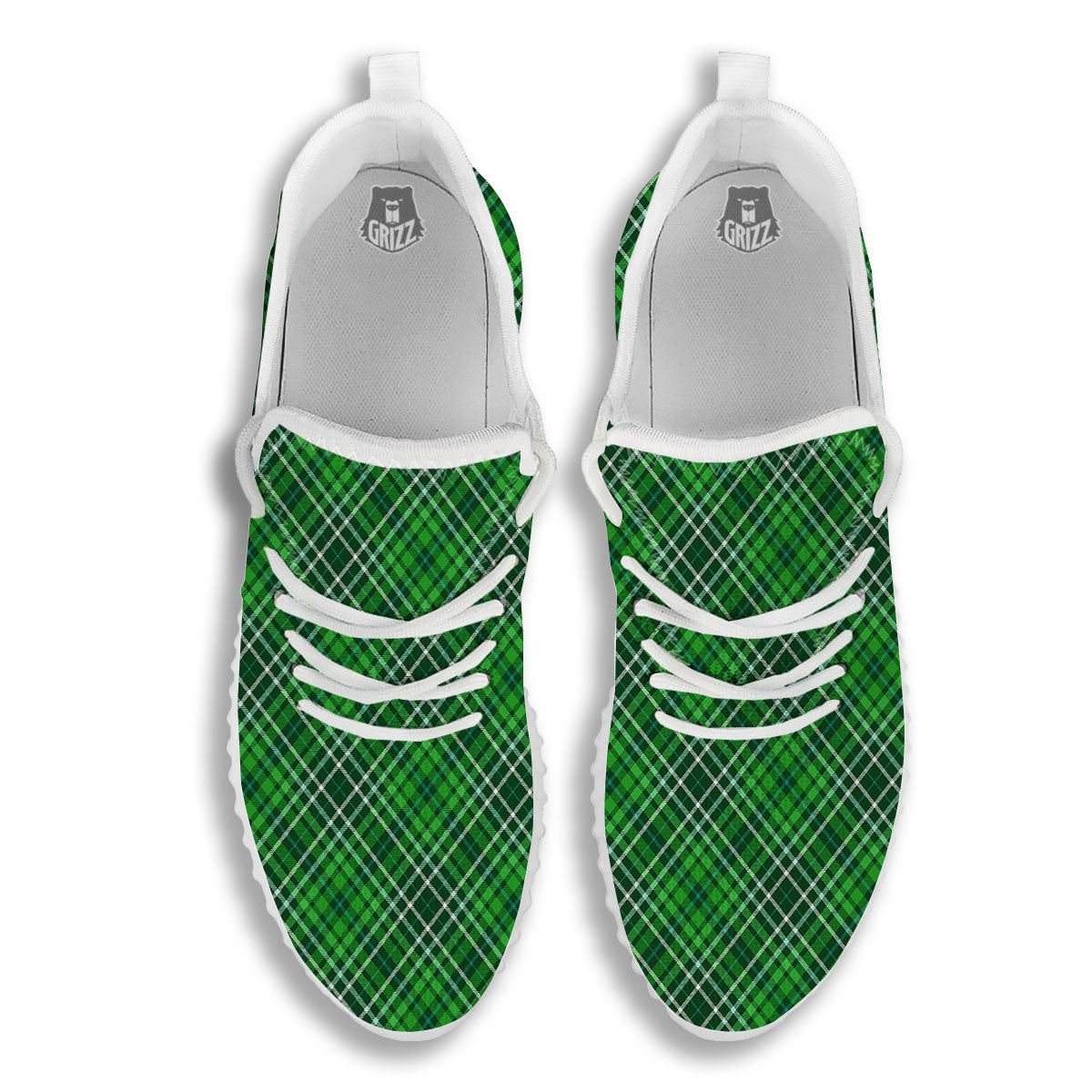 White And Green Plaid Print Pattern White Walking Shoes-grizzshop