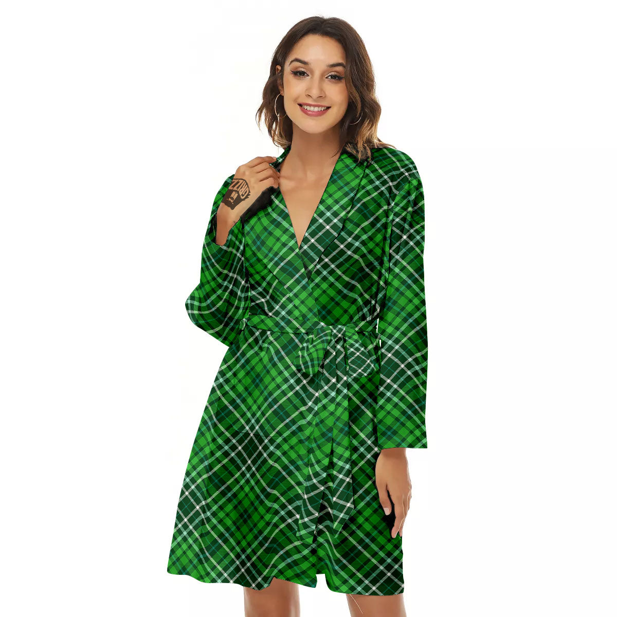 White And Green Plaid Print Pattern Women's Robe-grizzshop