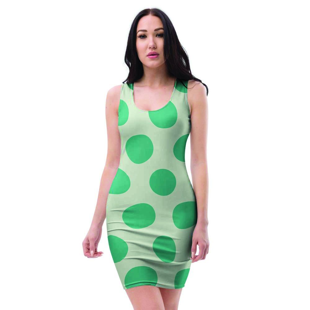 White And Green Polka Dot Bodycon Dress-grizzshop