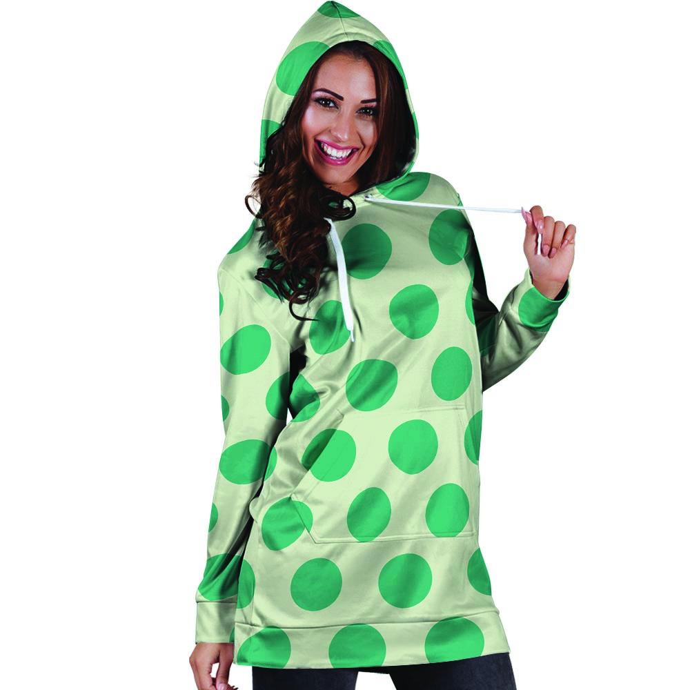 White And Green Polka Dot Hoodie Dress-grizzshop