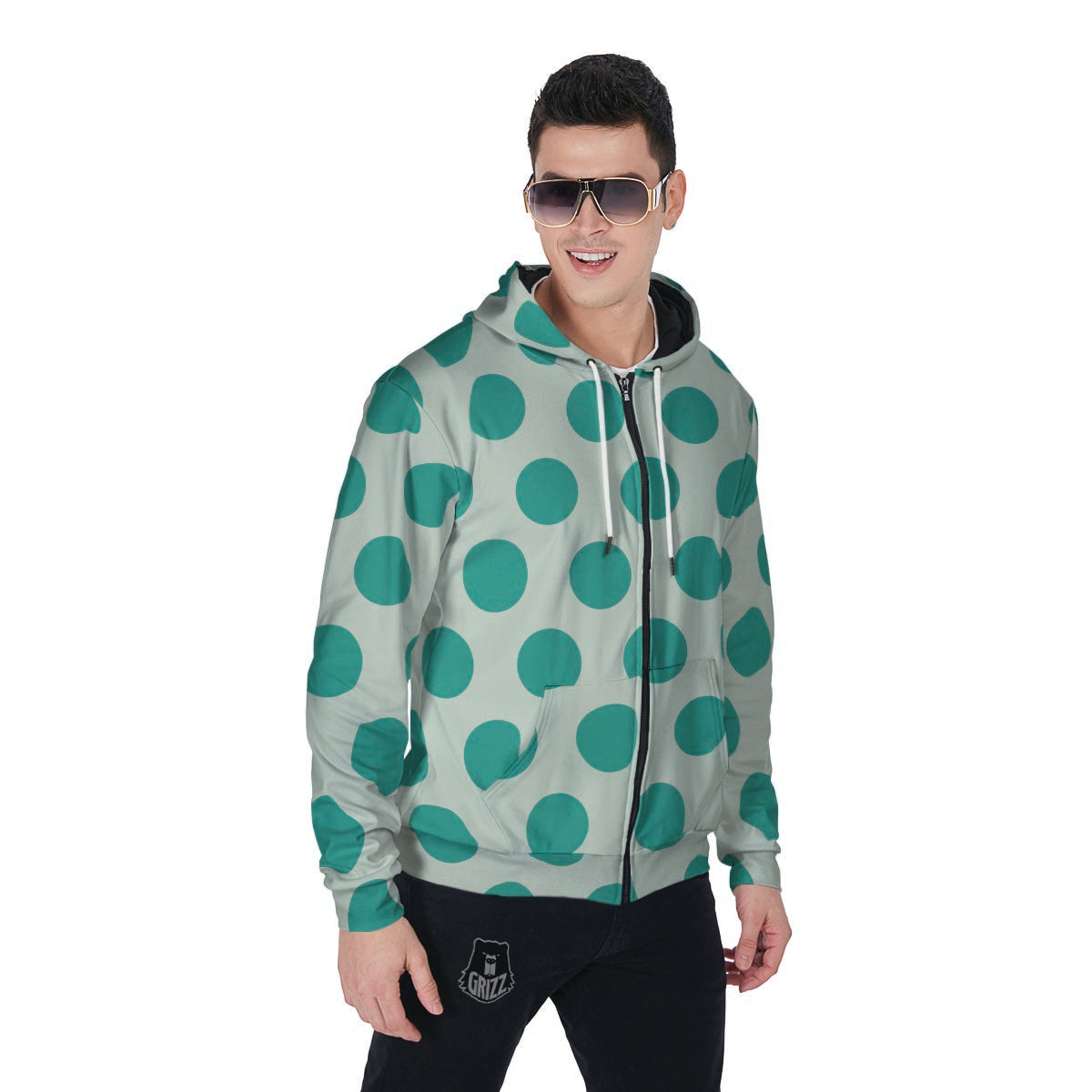 White And Green Polka Dot Men's Zip Up Hoodie-grizzshop