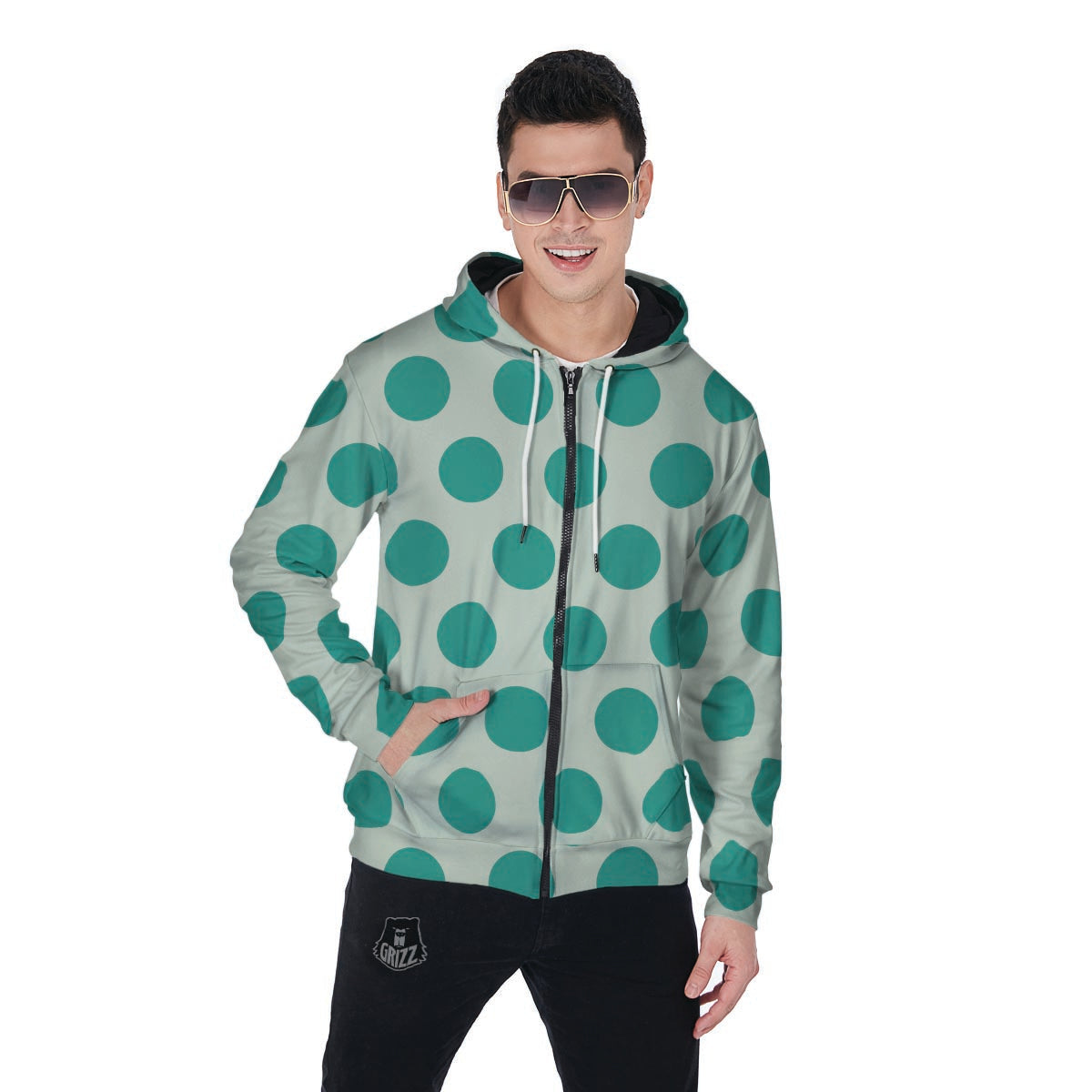 White And Green Polka Dot Men's Zip Up Hoodie-grizzshop