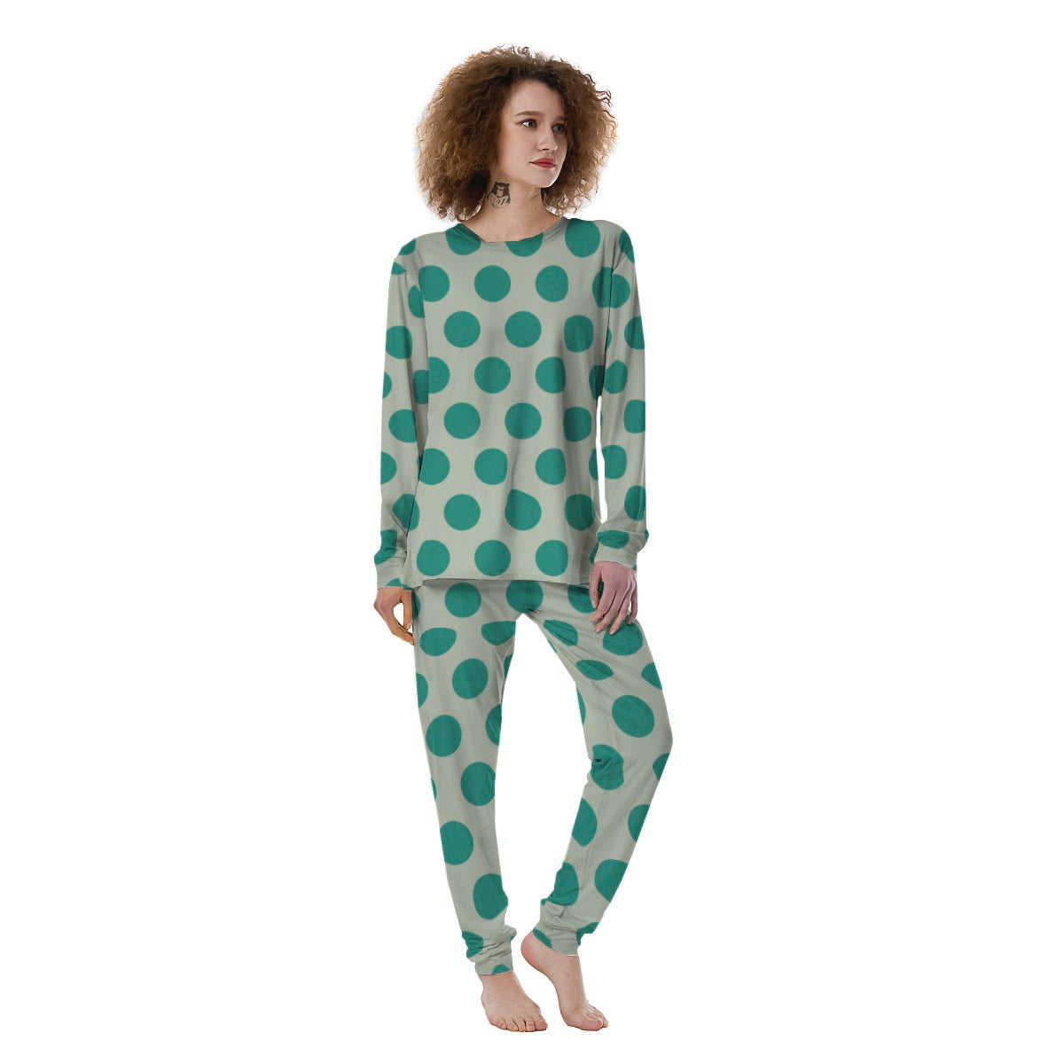 White And Green Polka Dot Women's Pajamas-grizzshop