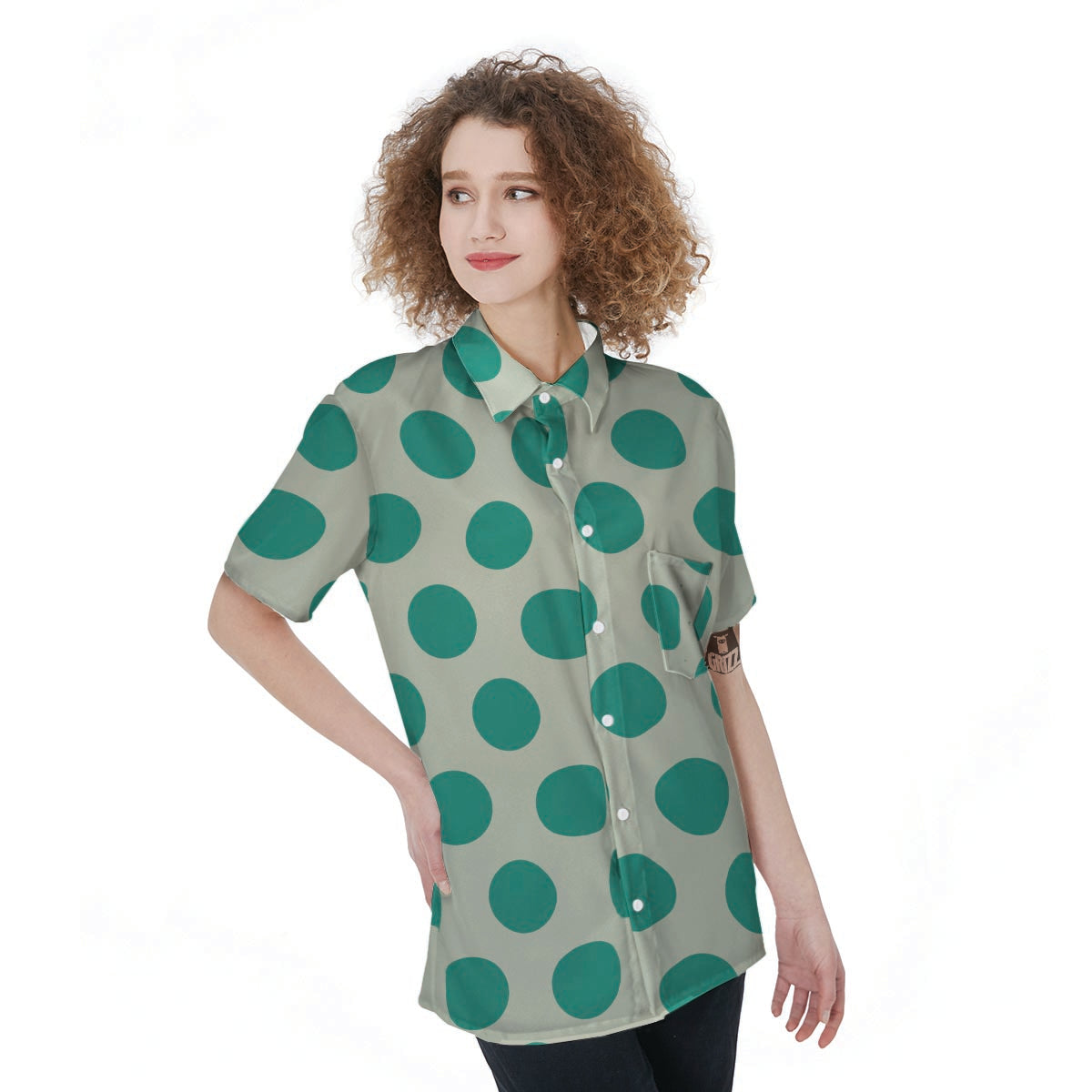 White And Green Polka Dot Women's Short Sleeve Shirts-grizzshop