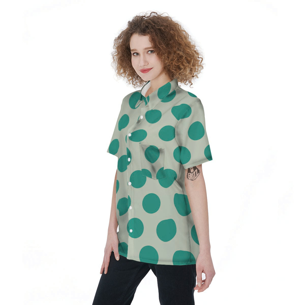 White And Green Polka Dot Women's Short Sleeve Shirts-grizzshop