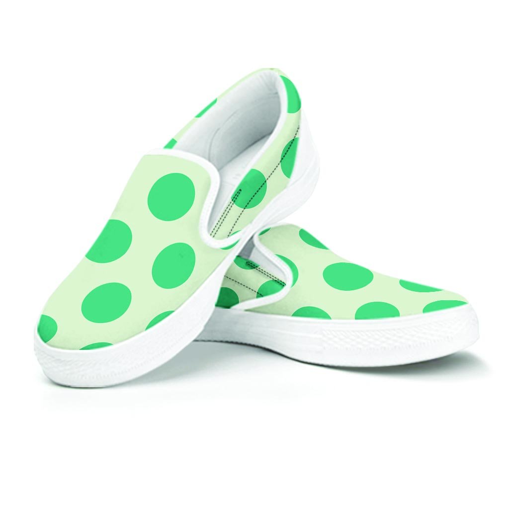 White And Green Polka Dot Women's Slip On Sneakers-grizzshop