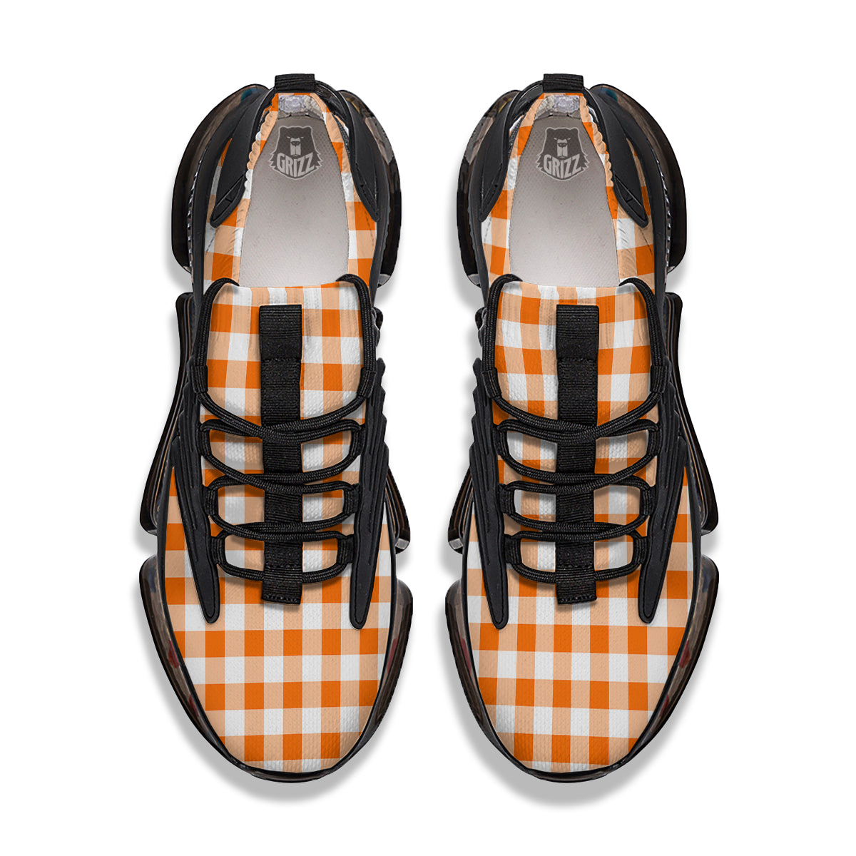 White And Orange Check Print Pattern Black Gym Shoes-grizzshop