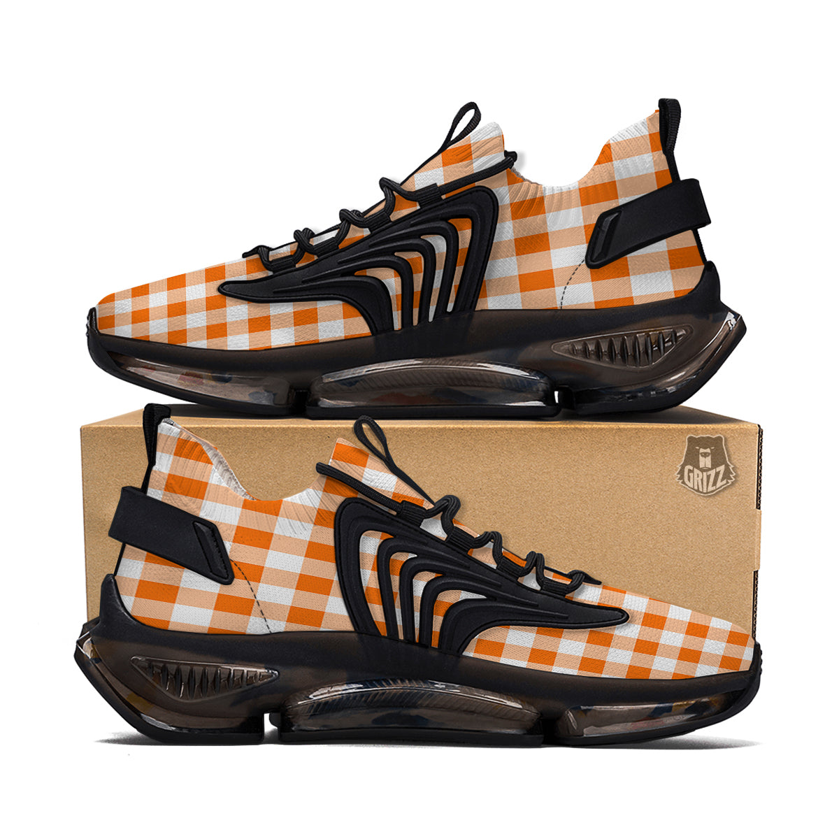 White And Orange Check Print Pattern Black Gym Shoes-grizzshop