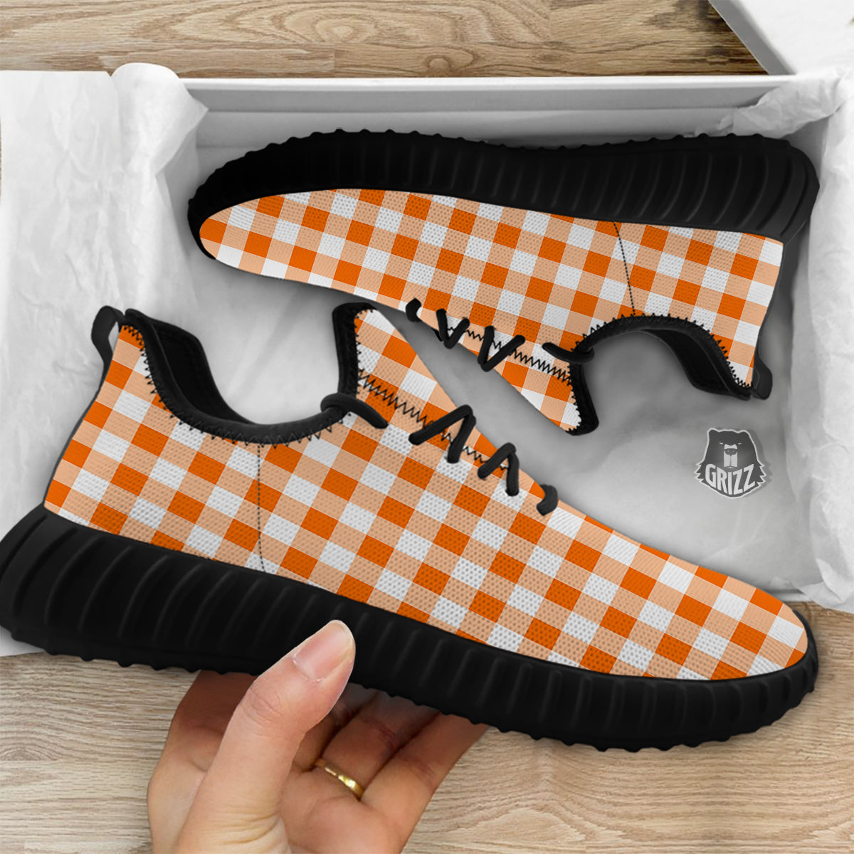 White And Orange Check Print Pattern Black Walking Shoes-grizzshop