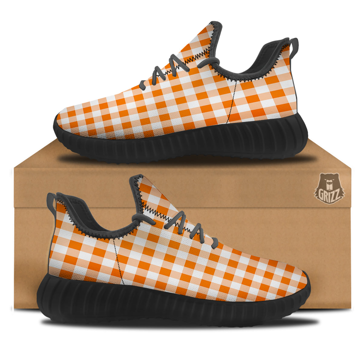 White And Orange Check Print Pattern Black Walking Shoes-grizzshop