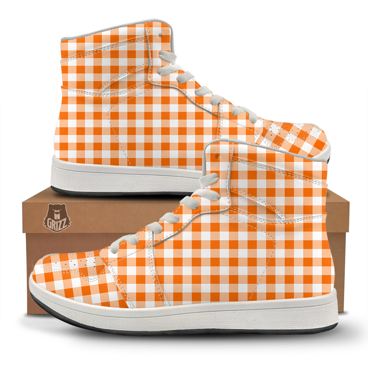White And Orange Check Print Pattern High Top Sneakers-grizzshop