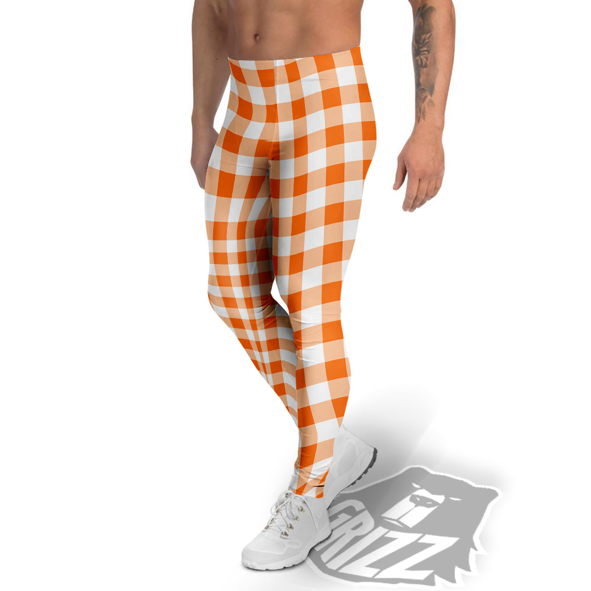 White And Orange Check Print Pattern Men's Leggings-grizzshop