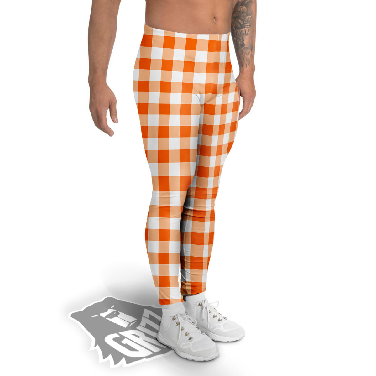 White And Orange Check Print Pattern Men's Leggings-grizzshop