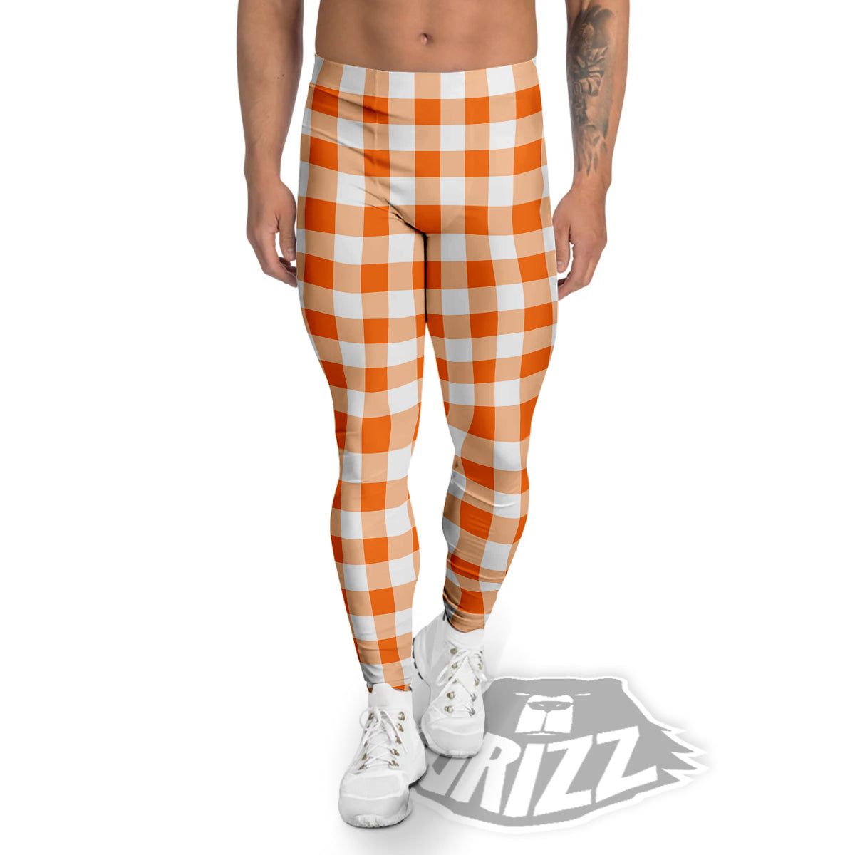 White And Orange Check Print Pattern Men's Leggings-grizzshop