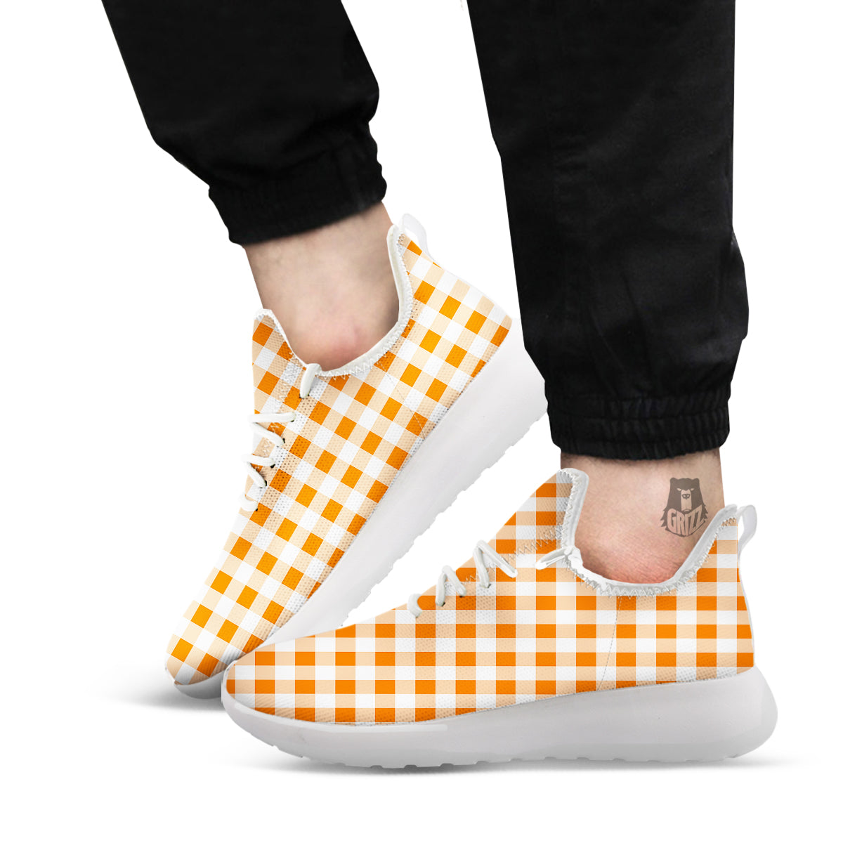 White And Orange Check Print Pattern White Athletic Shoes-grizzshop