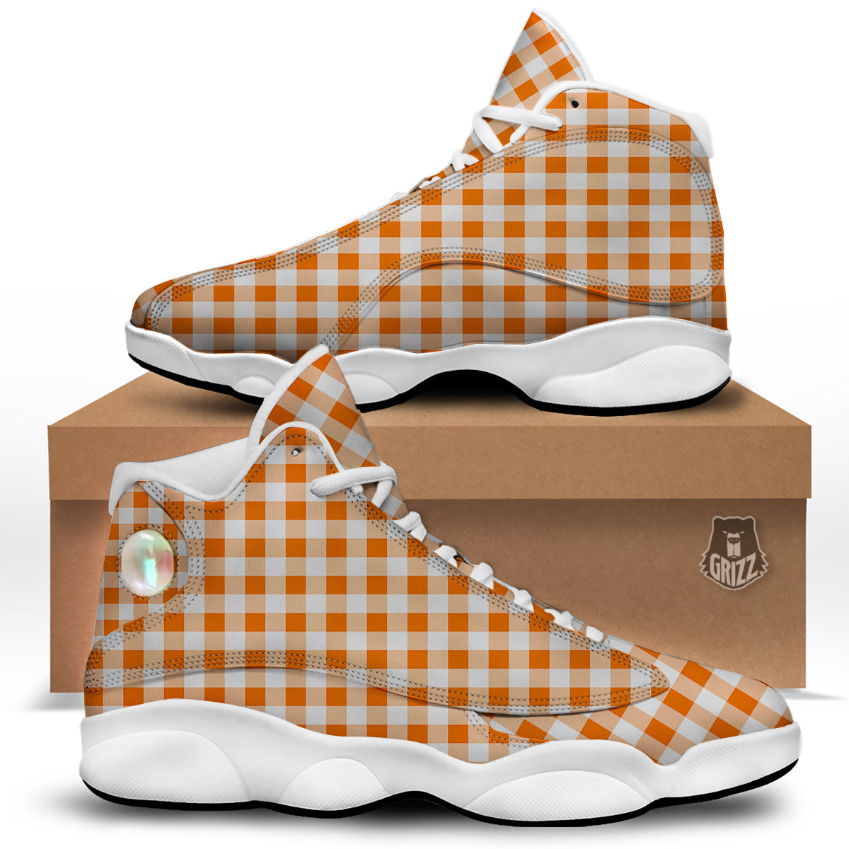White And Orange Check Print Pattern White Basketball Shoes-grizzshop