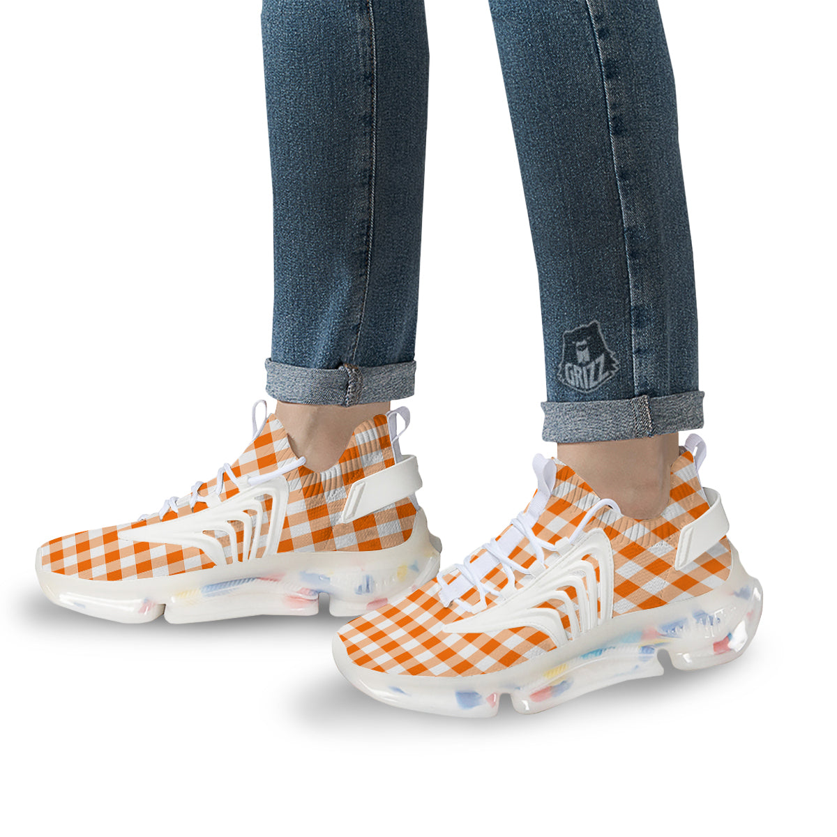White And Orange Check Print Pattern White Gym Shoes-grizzshop