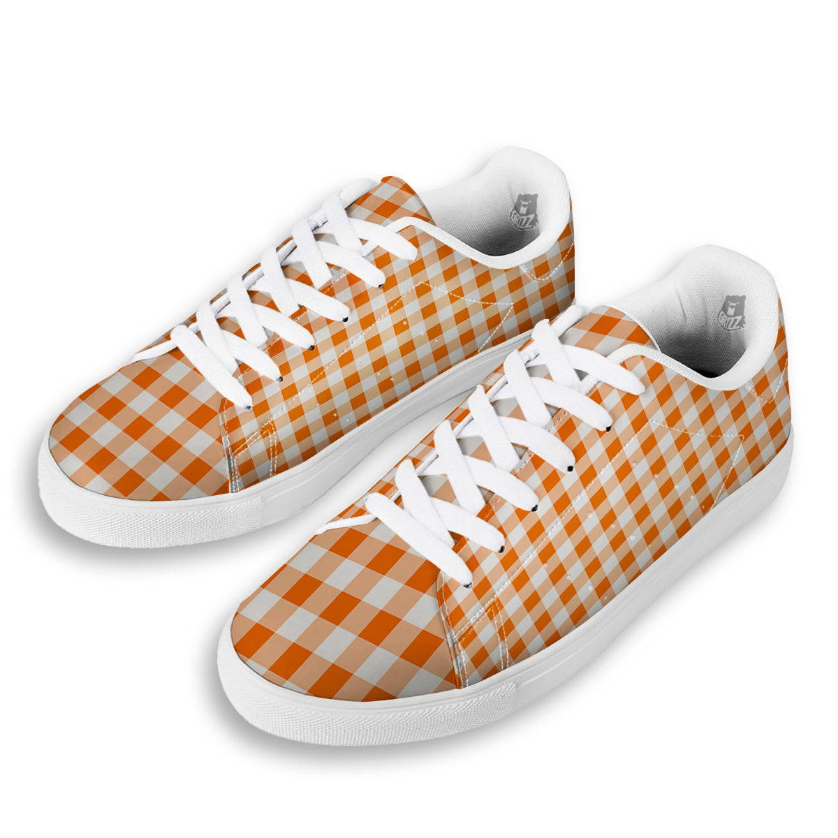 White And Orange Check Print Pattern White Low Top Sneakers-grizzshop