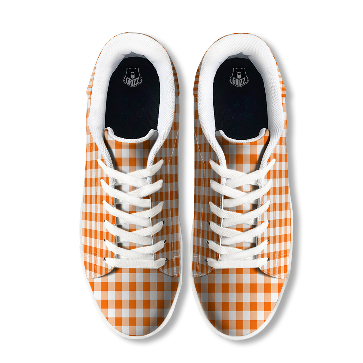 White And Orange Check Print Pattern White Low Top Sneakers-grizzshop