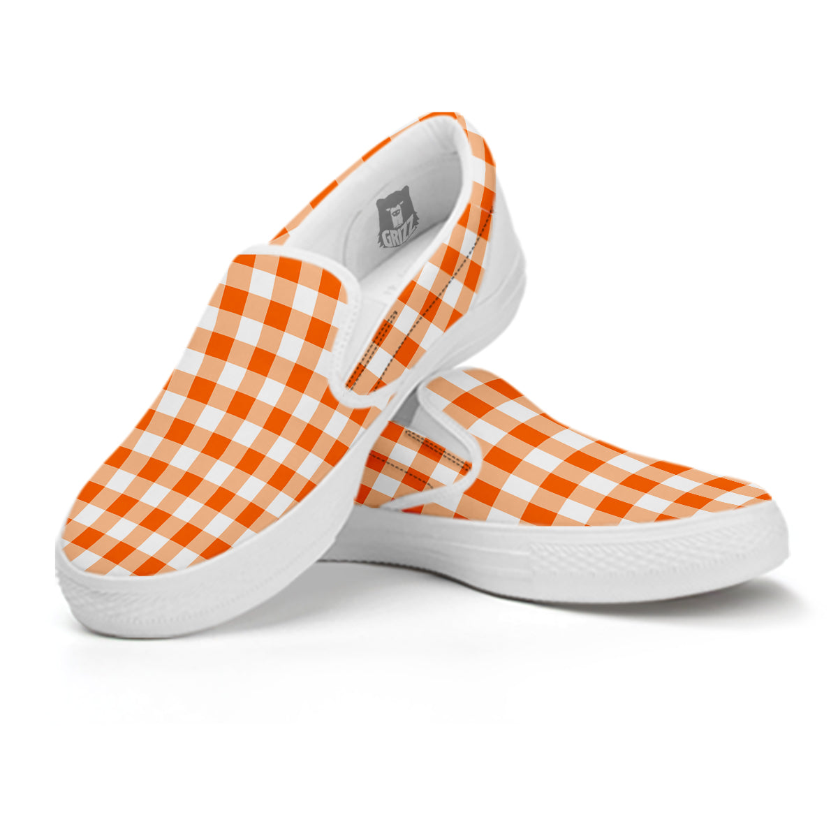White And Orange Check Print Pattern White Slip On Shoes-grizzshop