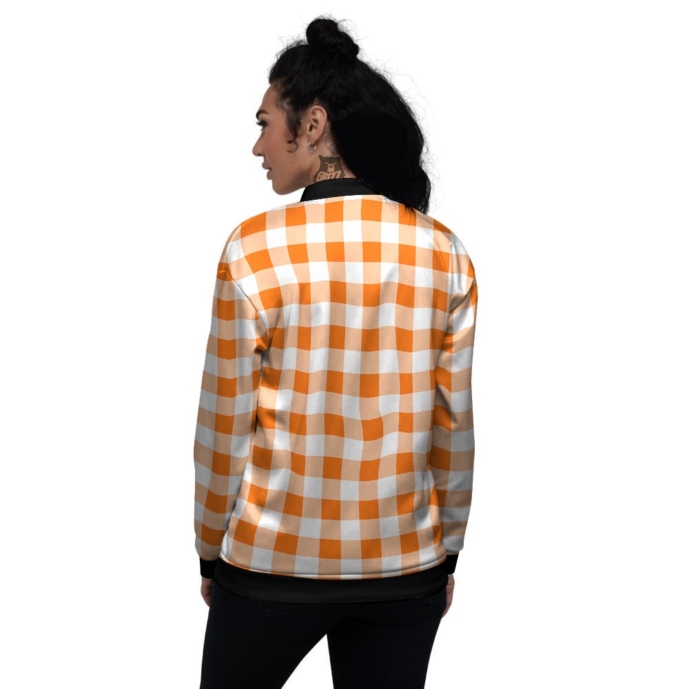 White And Orange Check Print Pattern Women's Bomber Jacket-grizzshop