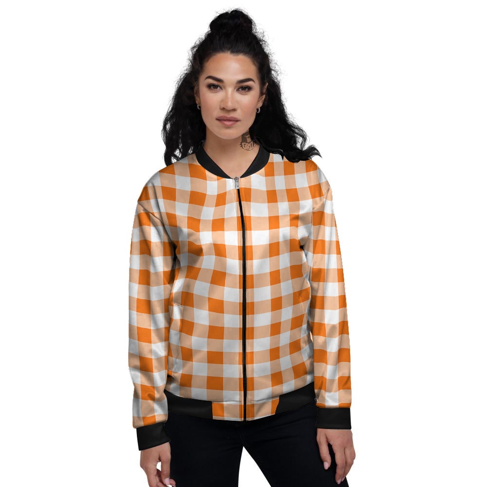 White And Orange Check Print Pattern Women's Bomber Jacket-grizzshop