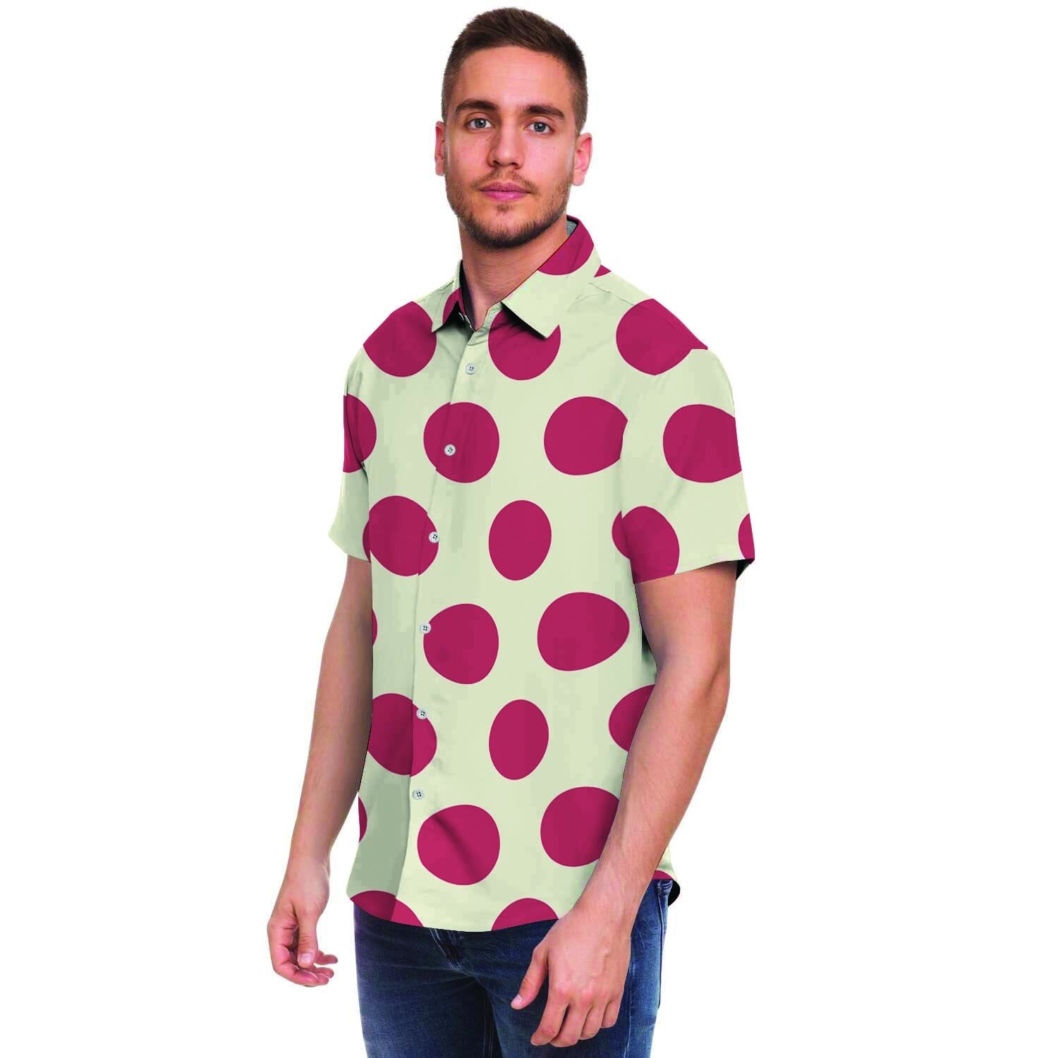 White And Red Polka Dot Men's Short Sleeve Shirt-grizzshop