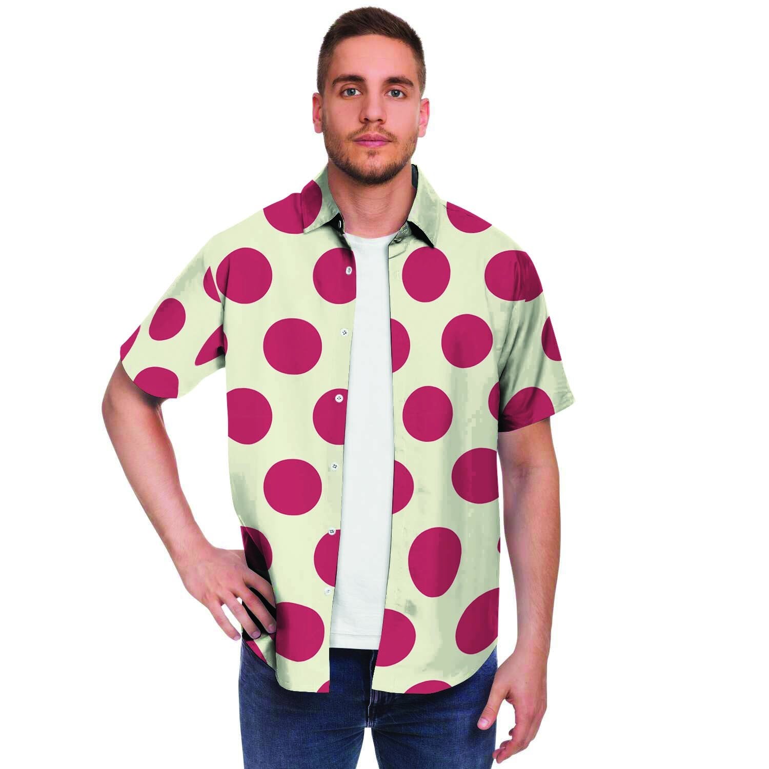 White And Red Polka Dot Men's Short Sleeve Shirt-grizzshop