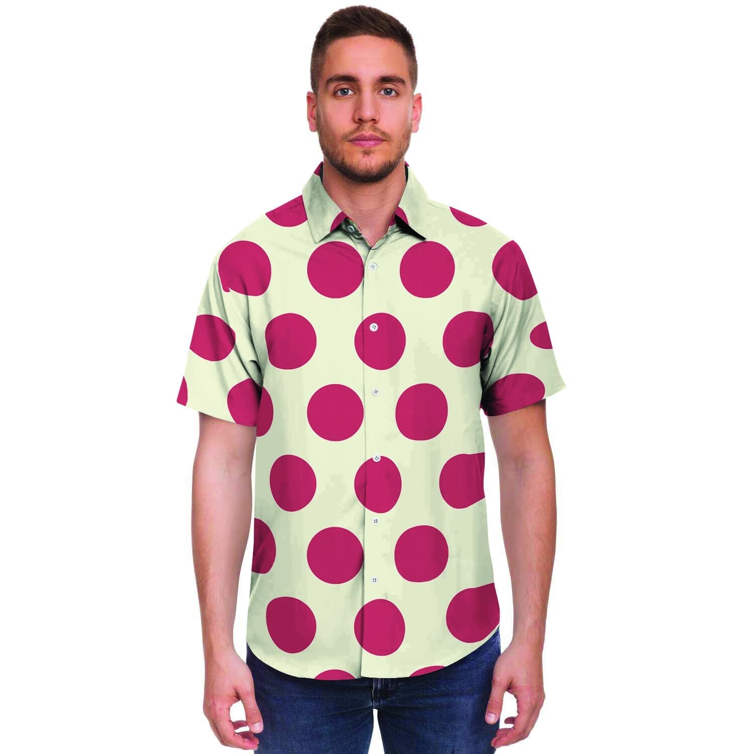 White And Red Polka Dot Men's Short Sleeve Shirt-grizzshop