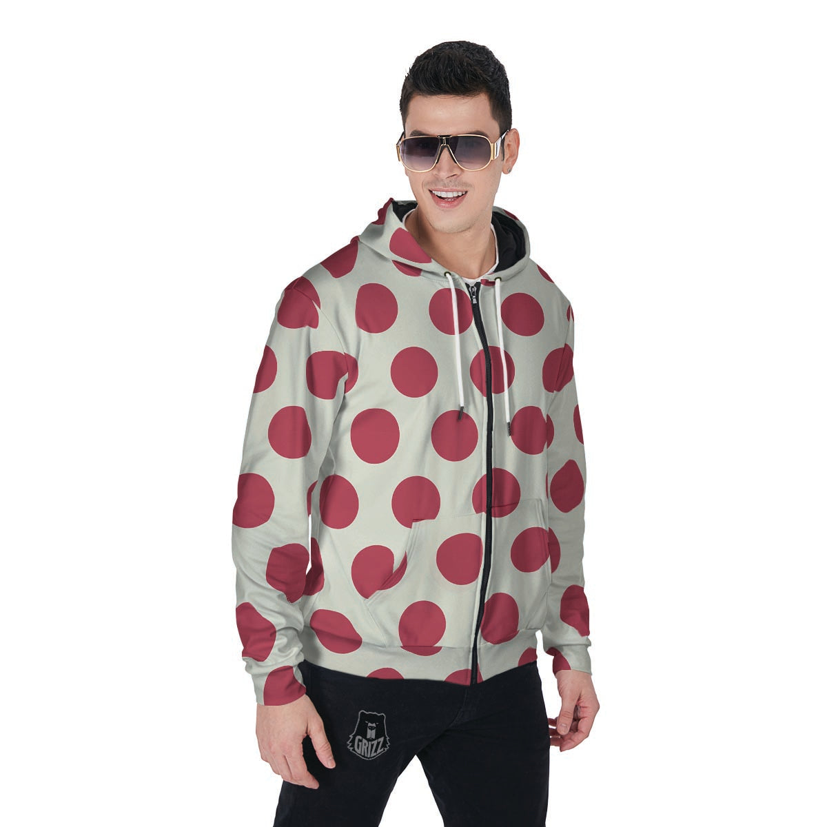 White And Red Polka Dot Men's Zip Up Hoodie-grizzshop