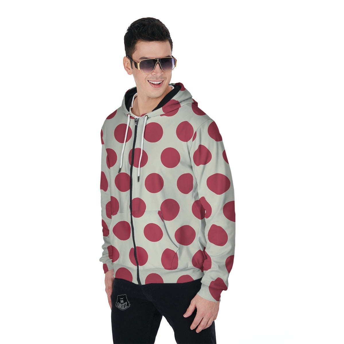 White And Red Polka Dot Men's Zip Up Hoodie-grizzshop