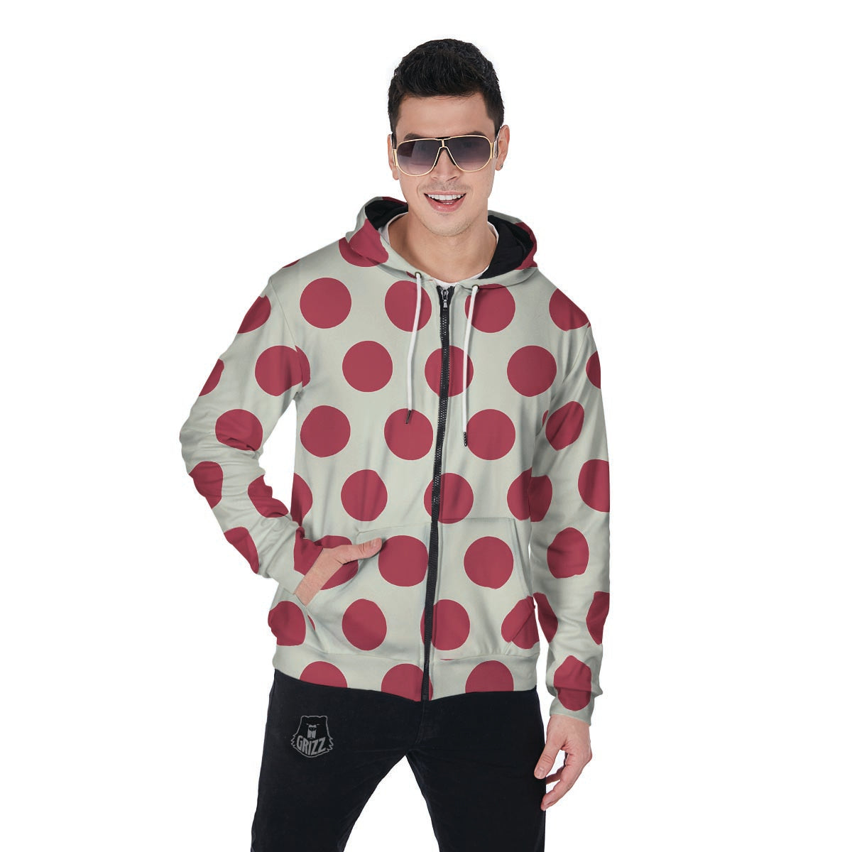 White And Red Polka Dot Men's Zip Up Hoodie-grizzshop