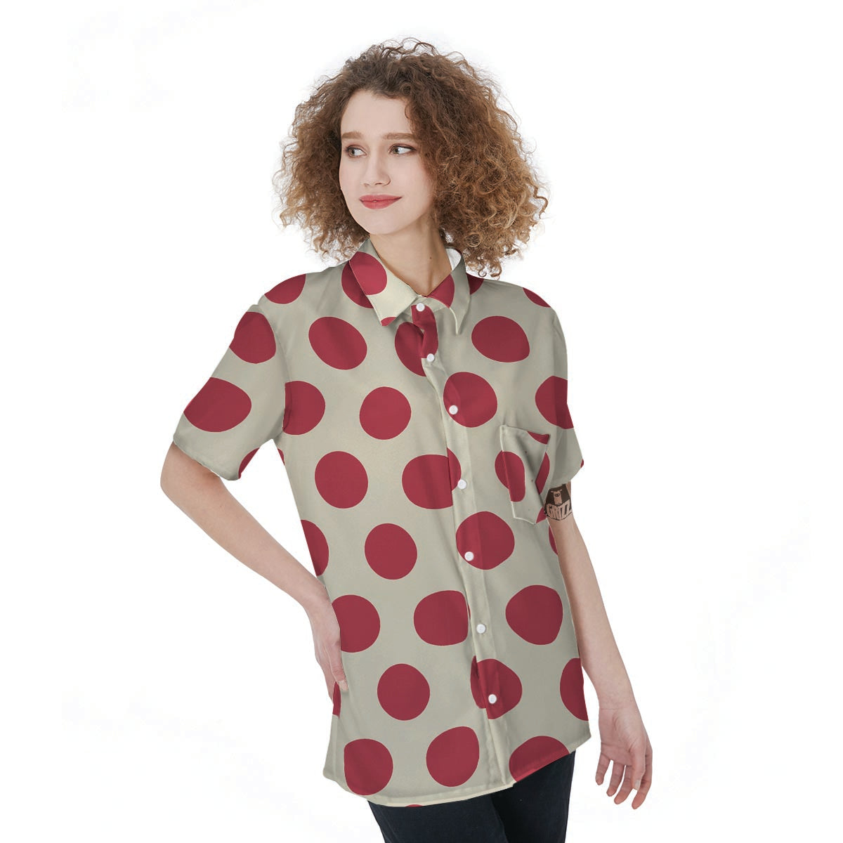 White And Red Polka Dot Women's Short Sleeve Shirts-grizzshop