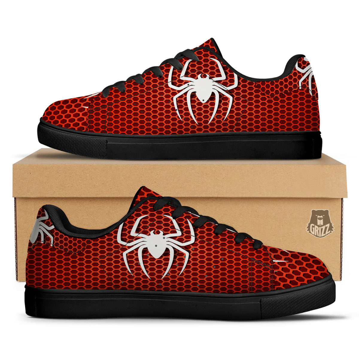 White And Red Spider Print Black Low Top Sneakers-grizzshop