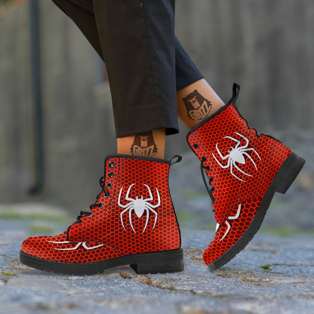White And Red Spider Print Leather Boots-grizzshop