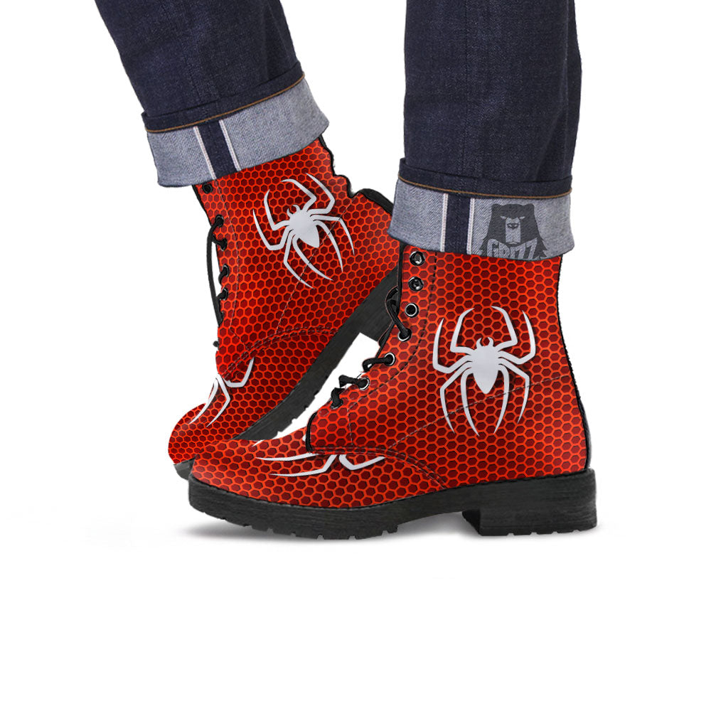 White And Red Spider Print Leather Boots-grizzshop