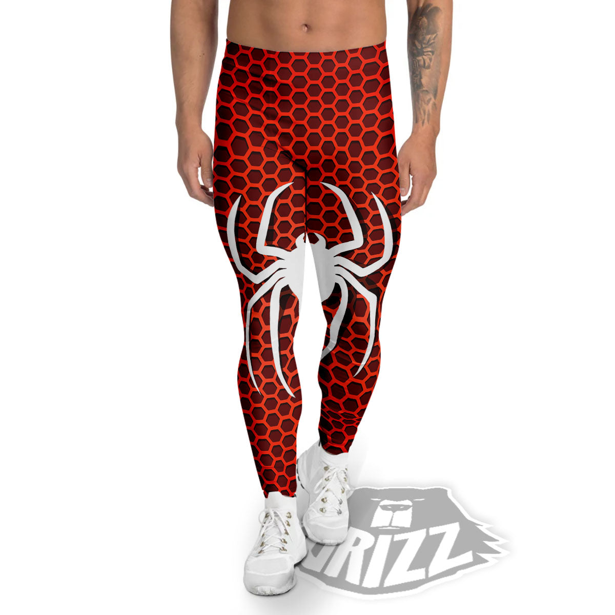 White And Red Spider Print Men's Leggings-grizzshop